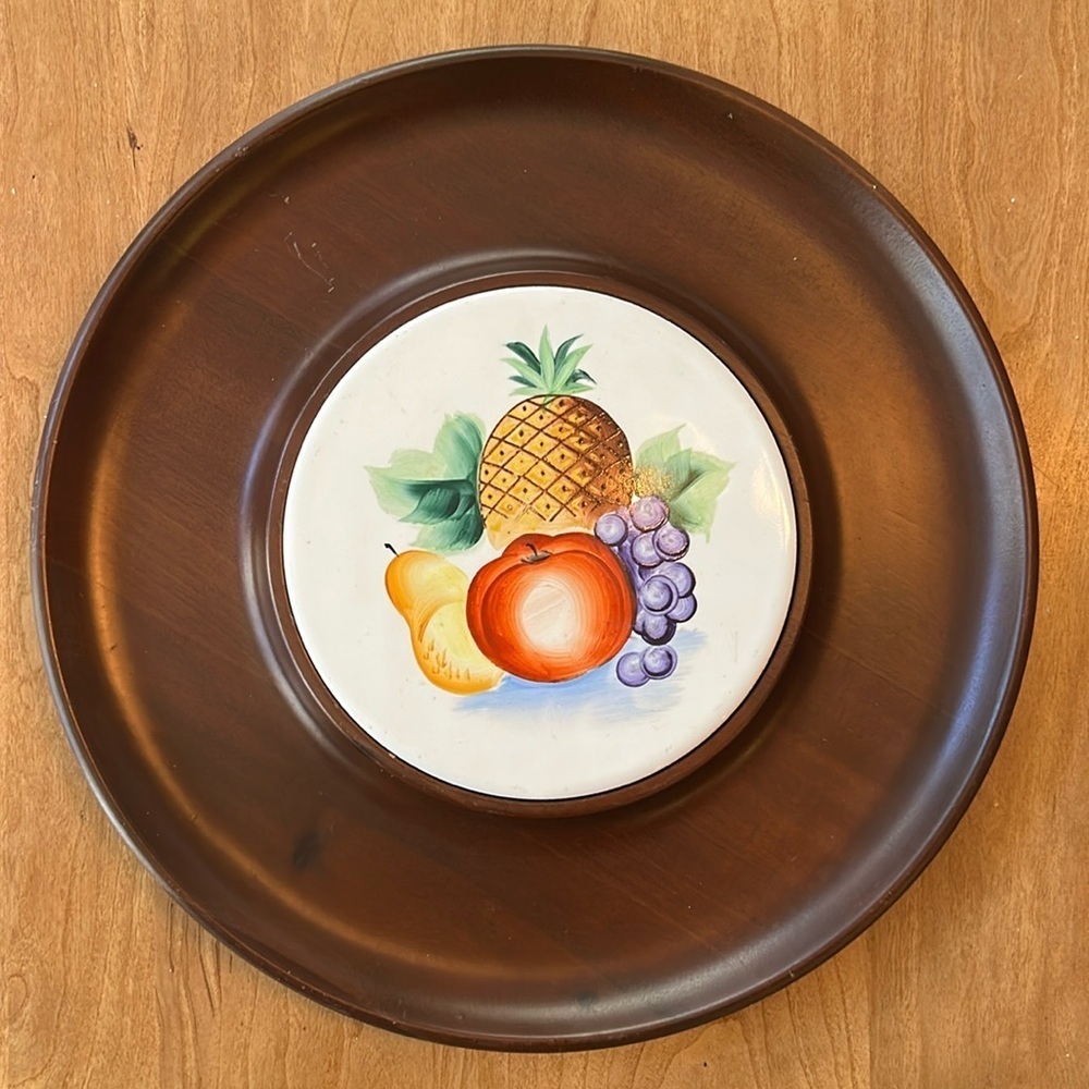Round Cheese Serving Tray Decorative Fruit Tile Dark Wood